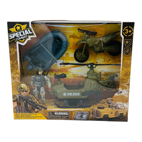 Set Special Combat - Barca Militara, Motocicleta, Elicopter si Figurina Soldat, 27×23×7cm  [2]