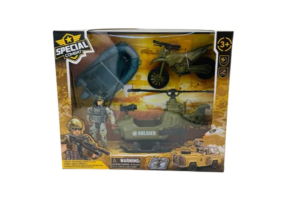 Jucarii, Copii & Bebe - Set Special Combat - Barca Militara, Motocicleta, Elicopter si Figurina Soldat, 27×23×7cm 