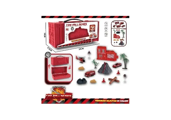 Jucarii de rol - Set Tematic Container Pompieri Fire Hall Series - Vehicule, Cladire si Accesorii Intr-o Cutie Tematica, 33x19x8.5 cm 