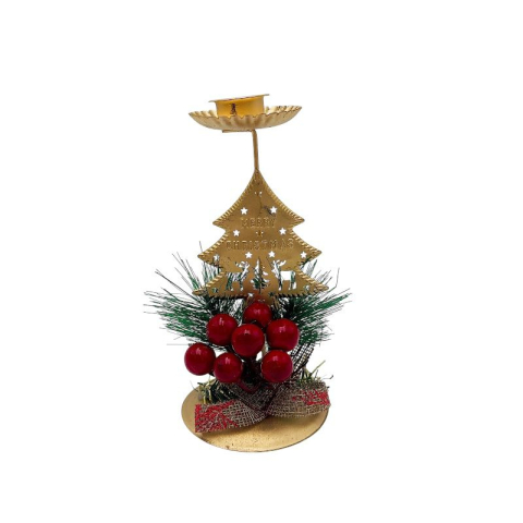 Articole pentru Craciun - Sfesnic metalic Craciun cu bradut auriu – 1 loc pentru tealight, 16x8cm
