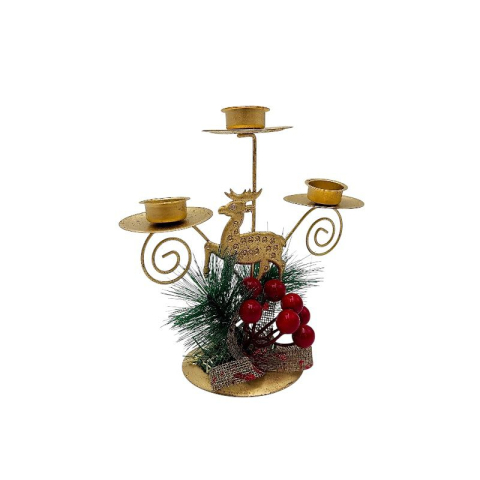 Sfesnic metalic Craciun cu ren auriu – 3 locuri pentru tealight, 17x15.5cm [2]