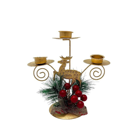 Articole pentru Craciun - Sfesnic metalic Craciun cu ren auriu – 3 locuri pentru tealight, 17x15.5cm