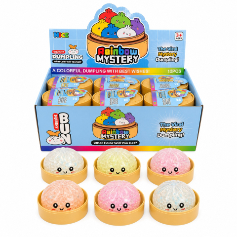Jucarii antistres si senzoriale - Squishy Dumpling cu Biluțe Gel 8,5 cm în Cutie Tip Bambus - Jucărie Antistres, Model Aleatoriu