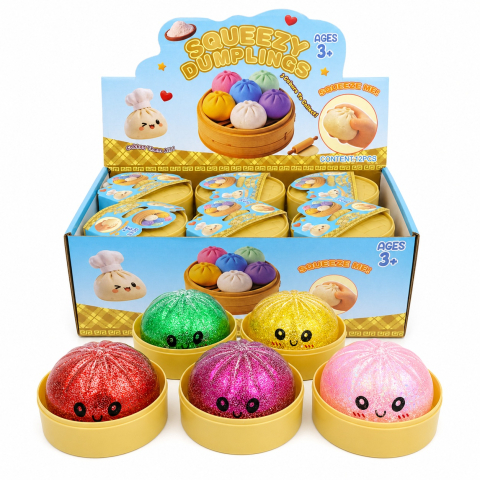 Jucarii antistres si senzoriale - Squishy Dumplings cu Sclipici și Biluțe Gel 8,5 cm în Cutie Tip Bambus - Jucărie Antistres, Model Aleatoriu
