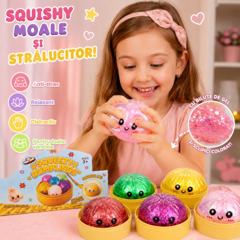 Squishy Dumplings cu Sclipici și Biluțe Gel 8,5 cm în Cutie Tip Bambus - Jucărie Antistres, Model Aleatoriu [2]