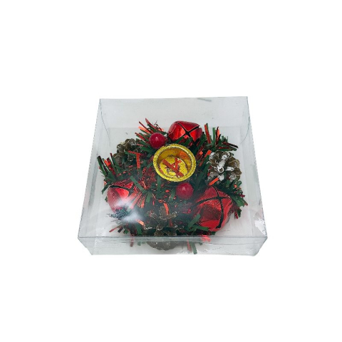 Articole pentru Craciun - Suport rotund pentru lumanare cu clopotei si conuri, 10.5x10.5x3.5cm