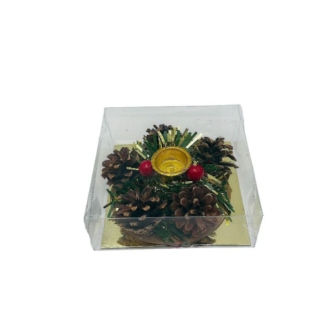 Suport rotund pentru lumanare cu conuri de brad si bobite, 10.5x10.5x3.5cm [1]