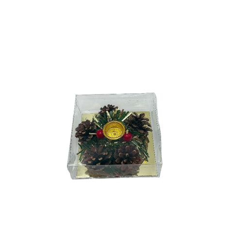 Articole pentru Craciun - Suport rotund pentru lumanare cu conuri de brad si bobite, 10.5x10.5x3.5cm