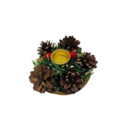 Suport rotund pentru lumanare cu conuri de brad si bobite, 10.5x10.5x3.5cm [2]