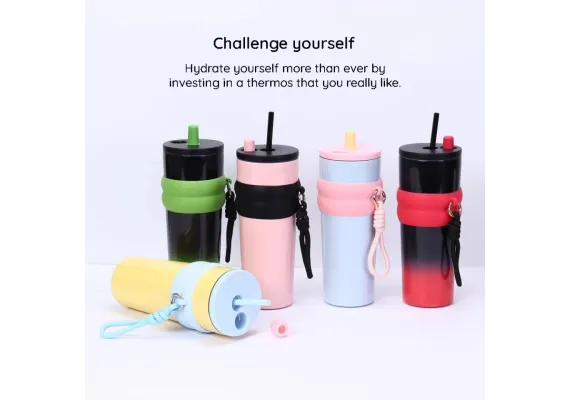 Cani cu Design si Personalizabile - Termos Modern cu Pai si Snur – 500ml, Design Colorat si Izolare Dubla