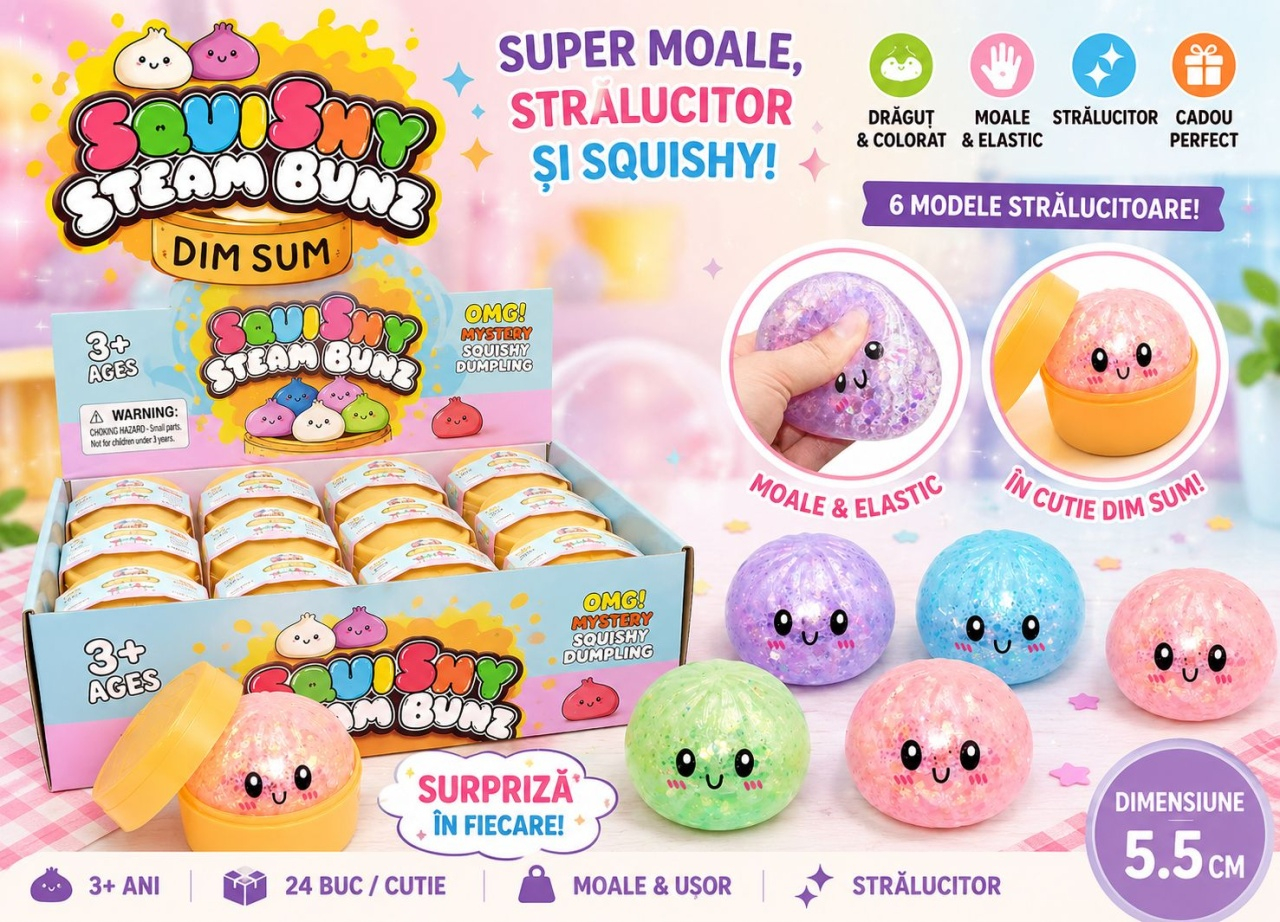 Jucarie Antistres Squishy Dumplings   Galusca, 5.5 cm, Cu Sclipici in Cutie Dim Sum, Surpriza