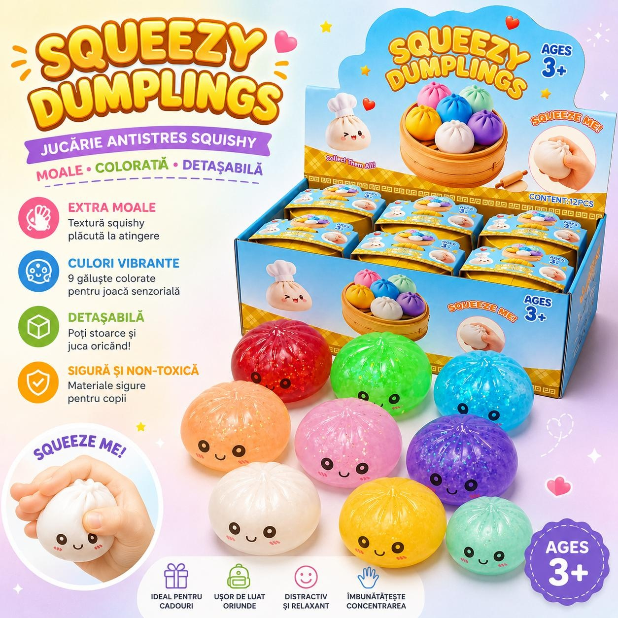 Jucarie Squishy Antistres Dumplings   Galusca, 8.5 cm, Extra Moale, Cu Sclipici, Copii 3+
