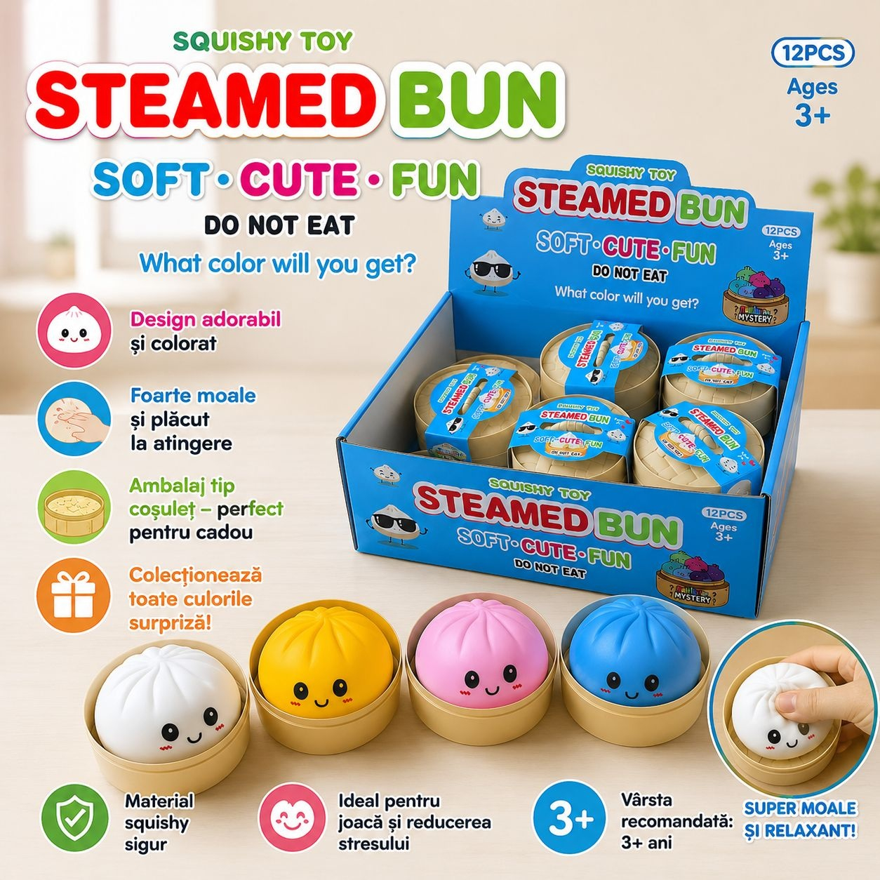 Jucarie Squishy Antistres Dumplings   Galusca in Cosulet, 8.5 cm, Culoare Surpriza, 3+ ani