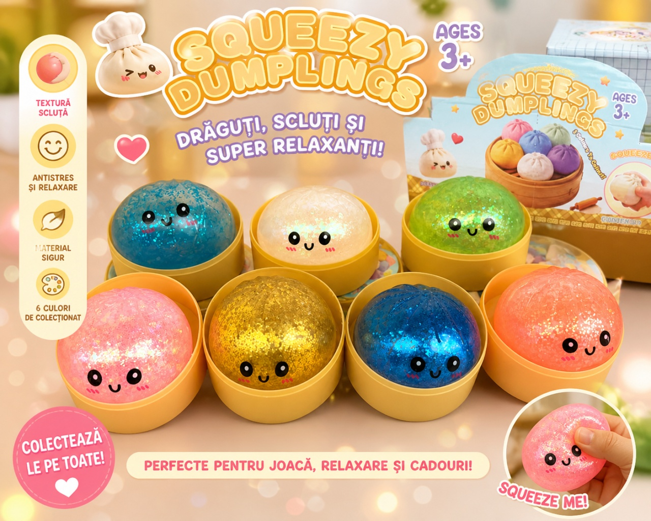 Squishy Dumplings cu Sclipici 8.5cm - Jucarie Antistres Colorata