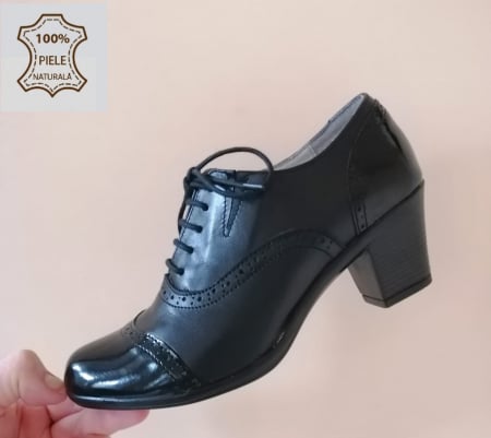 Pantofi Eleganti - Pantofi din piele  cu toc gros + siret