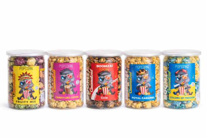 Set 5 x Popcorn Boomza Caramelizat 90g – Fruity Mix, Cola, Royal Caramel, Coffee & Colors Mix – Borcan Cadou [1]