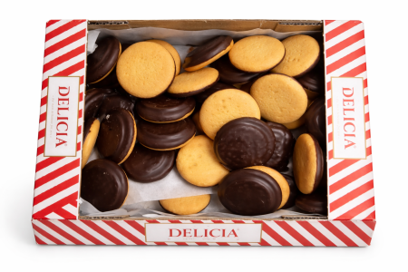 % Promotii % - Biscuiți cu Unt din Aluat Bătut DELICIA, Aromă de Vișină, Glazurați Parțial cu Ciocolată, 1 kg