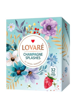 Ceai/Cafea - Cutie cu 32 pliculețe Lovaré - Splashes of Champagne: Amestec de ceai negru, ceai verde, căpșuni și petale de albăstrele 64 g