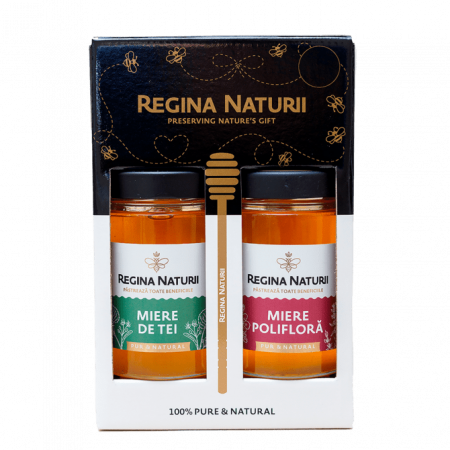 Miere - Set miere 2 sortimente Regina Naturii cu linguriță de lemn