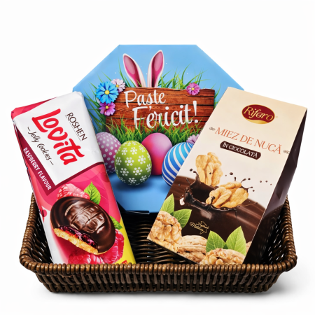 Cadouri de Paste - Coș Cadou Paște cu Dulciuri Asortate și Cutie Tematică Pascala