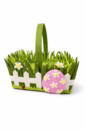 Cadouri de Paste - Coșuleț de Paște din fetru cu decor floral și ou roz, 20x12x22 cm