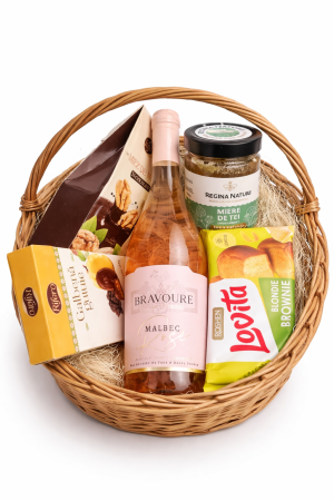 Cadouri de Paste - Coș Cadou Paște Premium cu Vin Rosé Bravoure – Dulciuri Fine și Miere Naturală