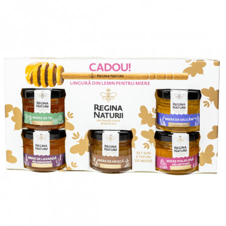 Miere - Set miere 5 sortimente Regina Naturii cu lingură de lemn