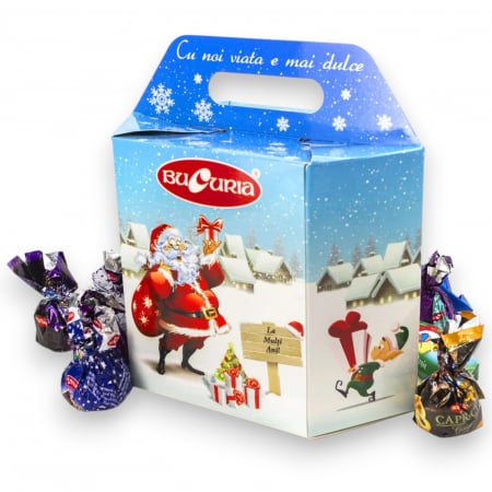 % Promotii % - CUTIA CADOU CU BOMBOANE BUCURIA "CASUTA ALBASTRA MOS CRACIUN" 1/500 GR