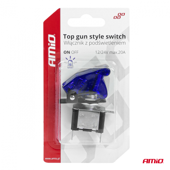 Comutator iluminat (intrerupator) cu protectie, destinatie auto, moto, ATV, SSV, Off-Road, model "TOP GUN", tensiune 12V - 24V, culoare albastra [2]