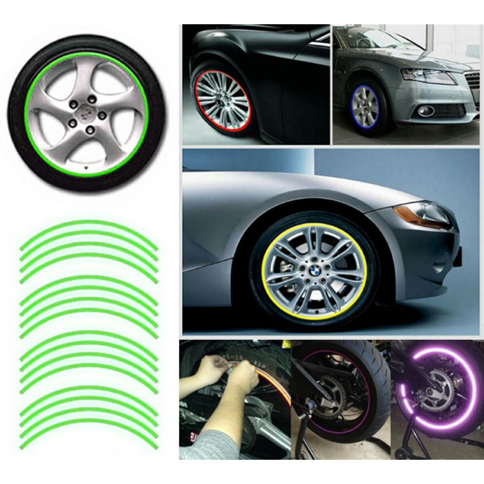 Set 16 ornamente Reflectorizante pentru jante auto, moto, culoare Verde [2]