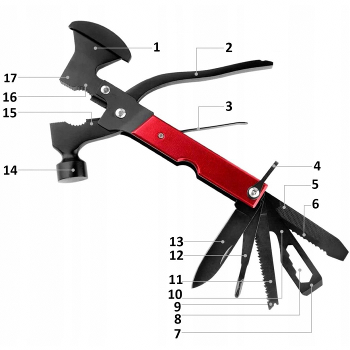 Unealta de supravietuire 17-in-1, model "Red Axe Multi-tool" pentru camping, calatorii, offroad, ATV, SSV, model [3]
