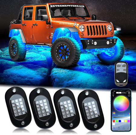 Accesorii Autoturisme - Kit 4 Lumini Ambientale RGB, model "ROCK LIGHT" cu telecomanda si aplicatie telefon, destinate Off-Road, ATV, SSV