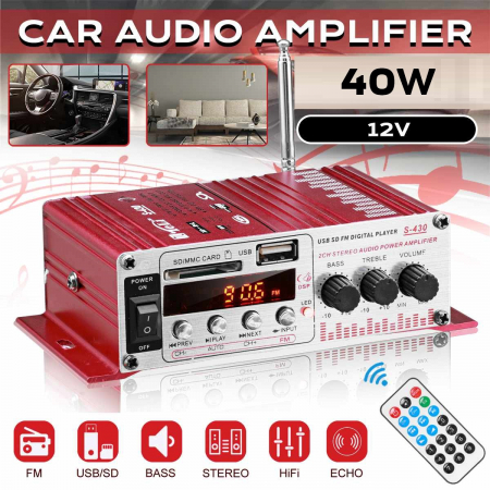 Car Audio si Multimedia - MINI amplificator auto, stereo, 12V, 40 W, radio FM, citire USB sau card SD, cu telecomanda