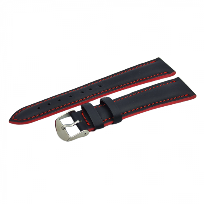 Curea ceas artizanat Romania, piele naturala neagra, cusatura rosie [2]