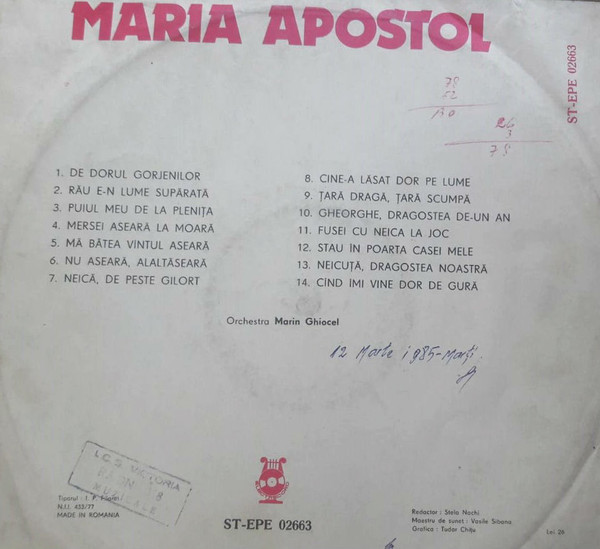 Maria Apostol - De Dorul Gorjenilor, (Disc Vinil) [1]