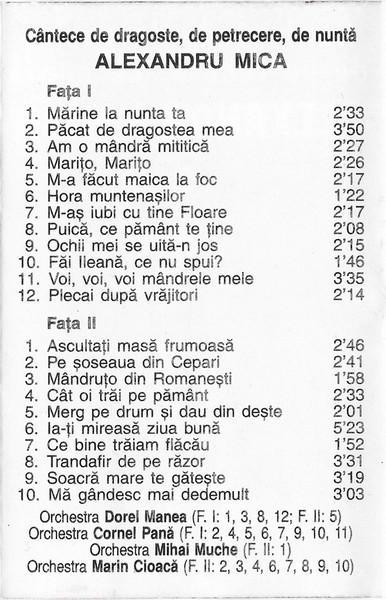 Alexandru Mica - Cântece De Dragoste, De Petrecere, De Nuntă , (Casetă Audio) [2]
