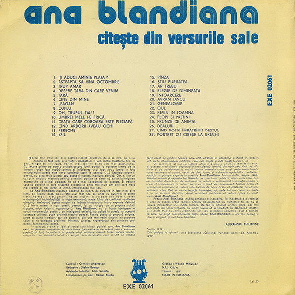 Ana Blandiana - Citește Din Versurile Sale, (Disc Vinil) [2]