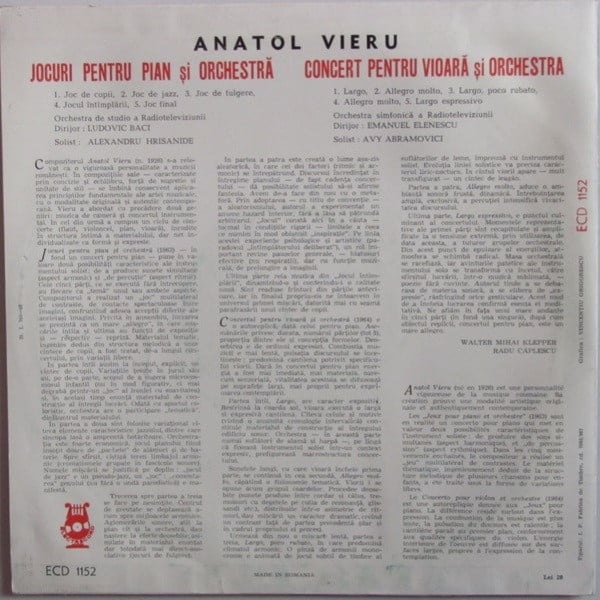 Anatol Vieru – Jocuri Pentru Pian Și Orchestră / Concert Pentru Vioară Și Orchestră (Disc Vinil) [2]