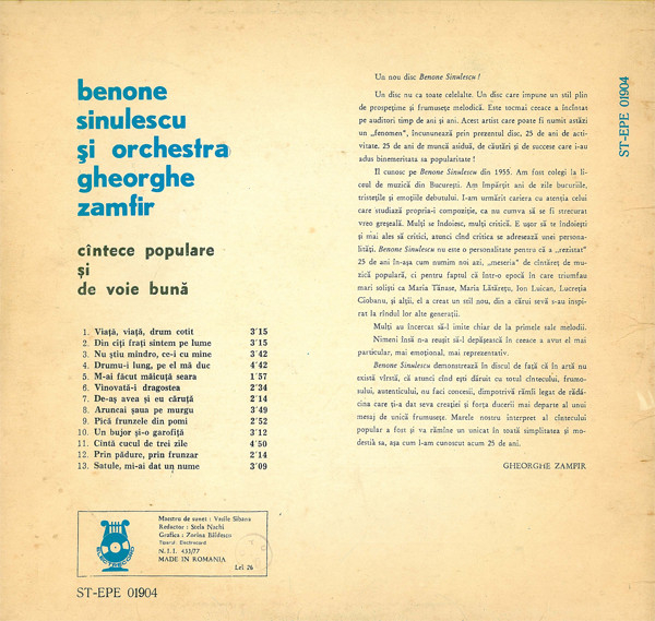 Benone Sinulescu - Cîntece Populare Și De Voie Bună, (Disc Vinil) [2]