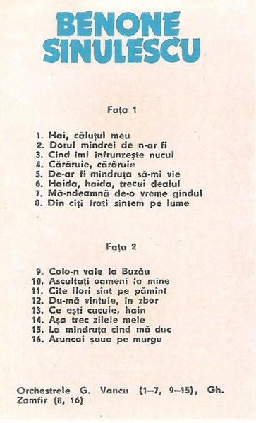 Benone Sinulescu - Colo-n Vale La Buzău (Caseta Audio) [2]
