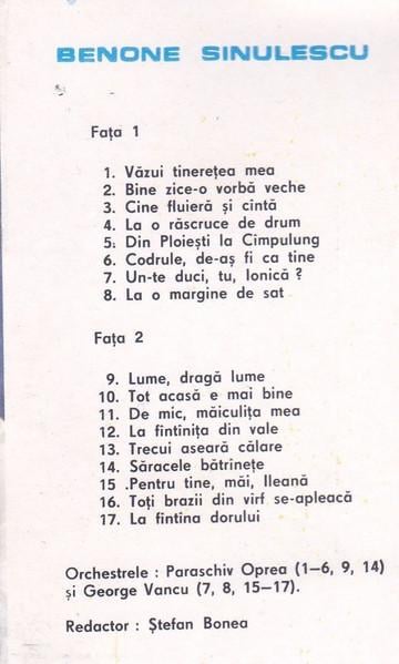 Benone Sinulescu - Văzui Tinerețea Mea, (Casetă Audio) [2]