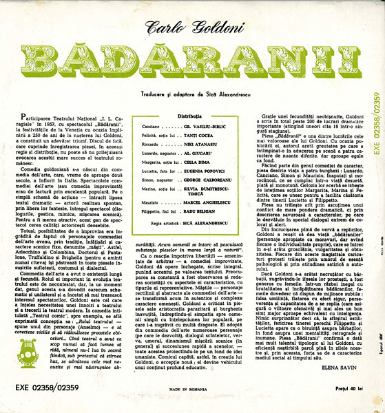 Carlo Goldoni - Bădăranii, (Disc Vinil) [2]