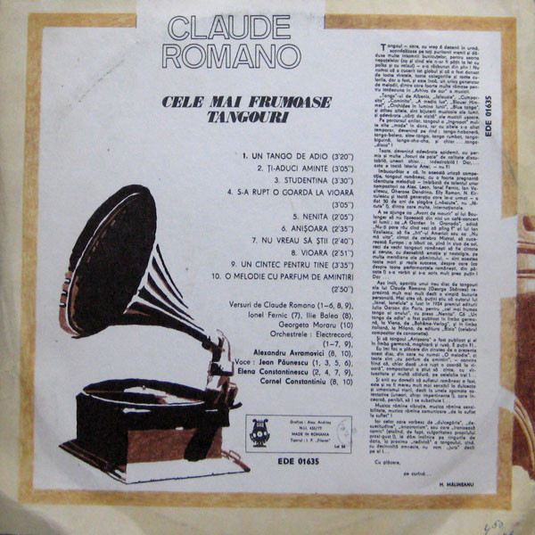 Claude Romano – Cele Mai Frumoase Tangouri, (Disc Vinil) [2]