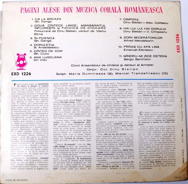 Corul Ansamblului De Cîntece Și Dansuri Al Armatei* Dirijor : Dinu Stelian – Pagini Alese Din Muzica Corală Românească (VINIL) [2]