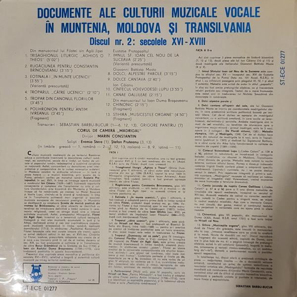Corul Madrigal - Documente Ale Culturii Muzicale Vocale În Muntenia Moldova Si Transilvanià Discul Nr. 2 Secole XVI-XVIII, (Disc Vinil) [2]