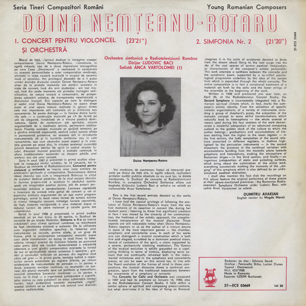 Doina Nemțeanu Rotaru* - Romanian Radio And Television Symphony Orchestra* Conductor Ludovic Baci* Cello Anca Vartolomei – Concerto For Cello And Orchestra / Symphony No.2 (VINIL) [2]