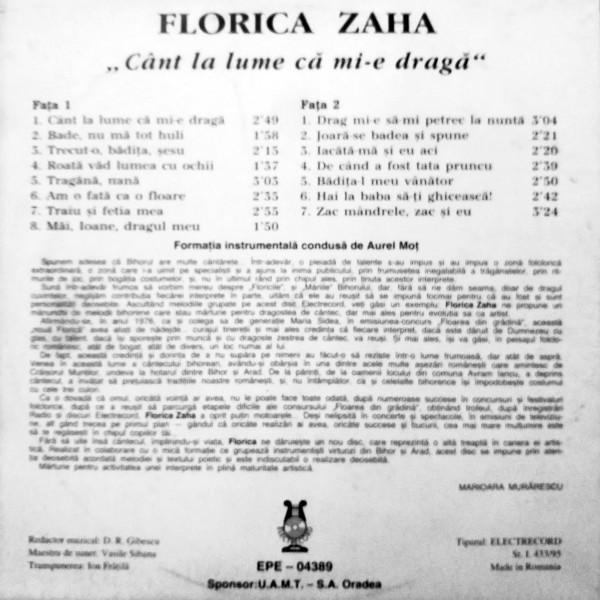 Florica Zaha - Cânt La Lume Că Mi-e Dragă, (Disc Vinil) [2]