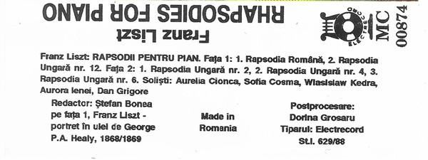 Franz Liszt - Rhapsodies For Piano, (Casetă Audio) [2]