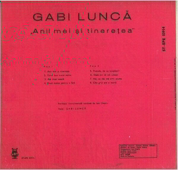 Gabi Luncă - Cîntece Lăutărești (Anii Mei Și Tinerețea), (Disc Vinil) [2]
