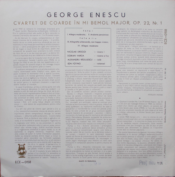George Enescu – Cvartet De Coarde În Mi Bemol Major, Op. 22, Nr. 1 (VINIL) [2]